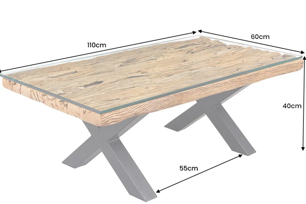 Massiver Couchtisch BARRACUDA 110cm antik natur Teakholz X-Gestell Glasplatte