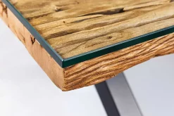 Massiver Couchtisch BARRACUDA 110cm antik natur Teakholz X-Gestell Glasplatte