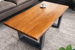 Massiver Couchtisch GENESIS 110cm braun Akazienholz Baumkante V-Gestell
