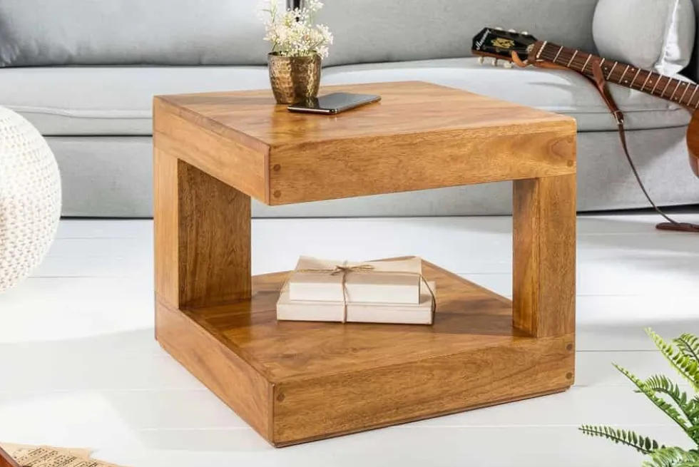 Massiver Couchtisch GIANT 45cm braun honey finish Mangoholz mit Ablagefach