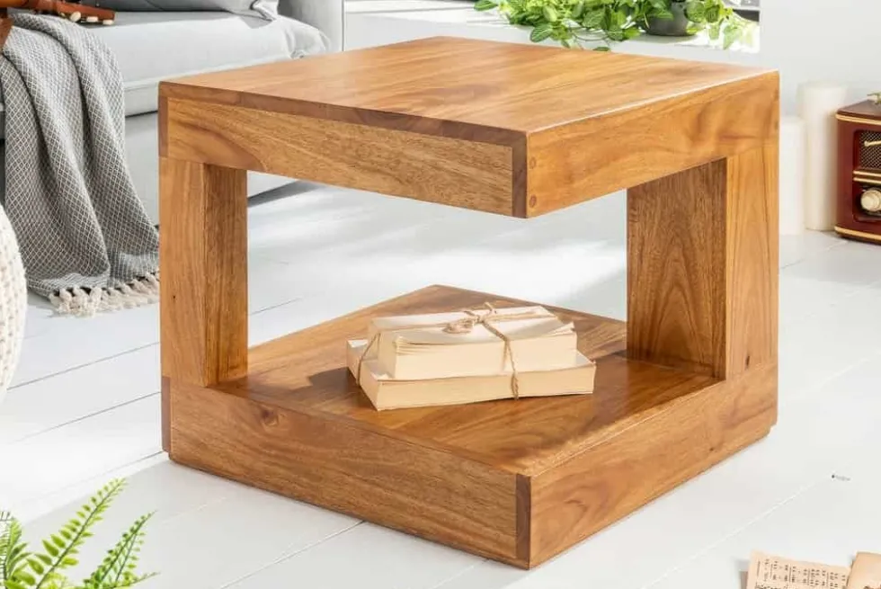 Massiver Couchtisch GIANT 45cm braun honey finish Mangoholz mit Ablagefach