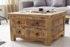 Massiver Couchtisch IRON CRAFT 70cm natur Holz Truhe mit Schubladen und Stauraum