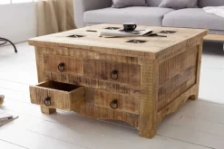 Massiver Couchtisch IRON CRAFT 70cm natur Holz Truhe mit Schubladen und Stauraum