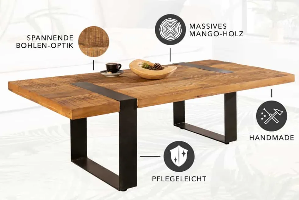 Massiver Couchtisch IRON CRAFT 100cm braun natur Mangoholz schwarz Metall