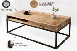 Massiver Couchtisch IRON CRAFT 100cm Mangoholz mit Schublade schwarzes Metallgestell