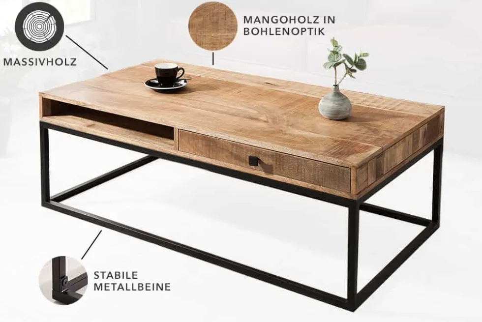 Massiver Couchtisch IRON CRAFT 100cm Mangoholz mit Schublade schwarzes Metallgestell
