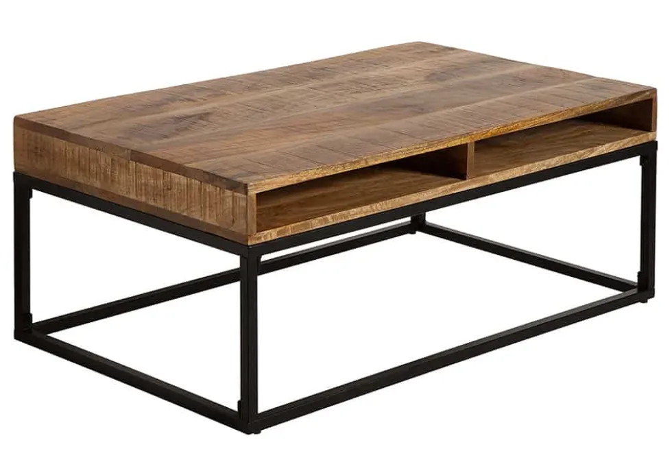 Massiver Couchtisch IRON CRAFT 100cm Mangoholz mit Schublade schwarzes Metallgestell