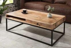 Massiver Couchtisch IRON CRAFT 100cm Mangoholz mit Schublade schwarzes Metallgestell