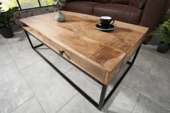 Massiver Couchtisch IRON CRAFT 100cm Mangoholz mit Schublade schwarzes Metallgestell