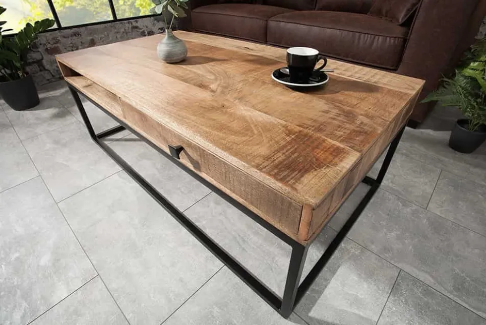 Massiver Couchtisch IRON CRAFT 100cm Mangoholz mit Schublade schwarzes Metallgestell