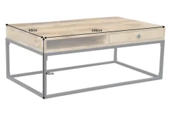 Massiver Couchtisch IRON CRAFT 100cm Mangoholz mit Schublade schwarzes Metallgestell