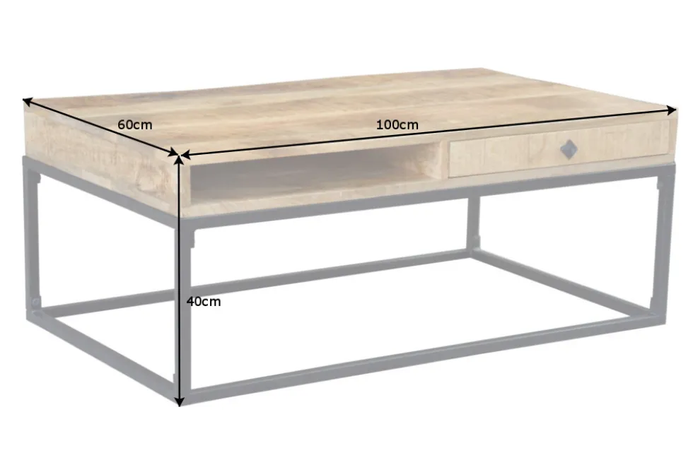 Massiver Couchtisch IRON CRAFT 100cm Mangoholz mit Schublade schwarzes Metallgestell