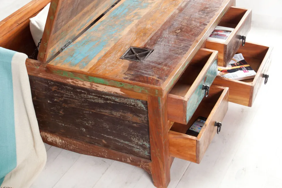 Massiver Couchtisch JAKARTA 70cm bunt Truhe aus recycelten Fischerbooten Holz mit Schubladen