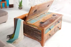 Massiver Couchtisch JAKARTA 70cm bunt Truhe aus recycelten Fischerbooten Holz mit Schubladen