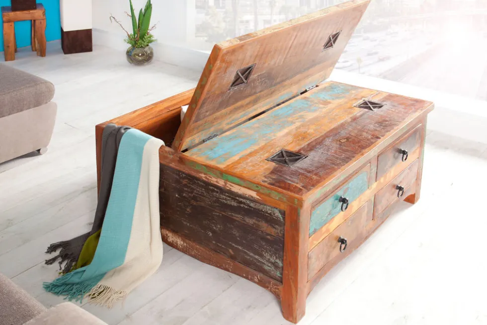 Massiver Couchtisch JAKARTA 70cm bunt Truhe aus recycelten Fischerbooten Holz mit Schubladen