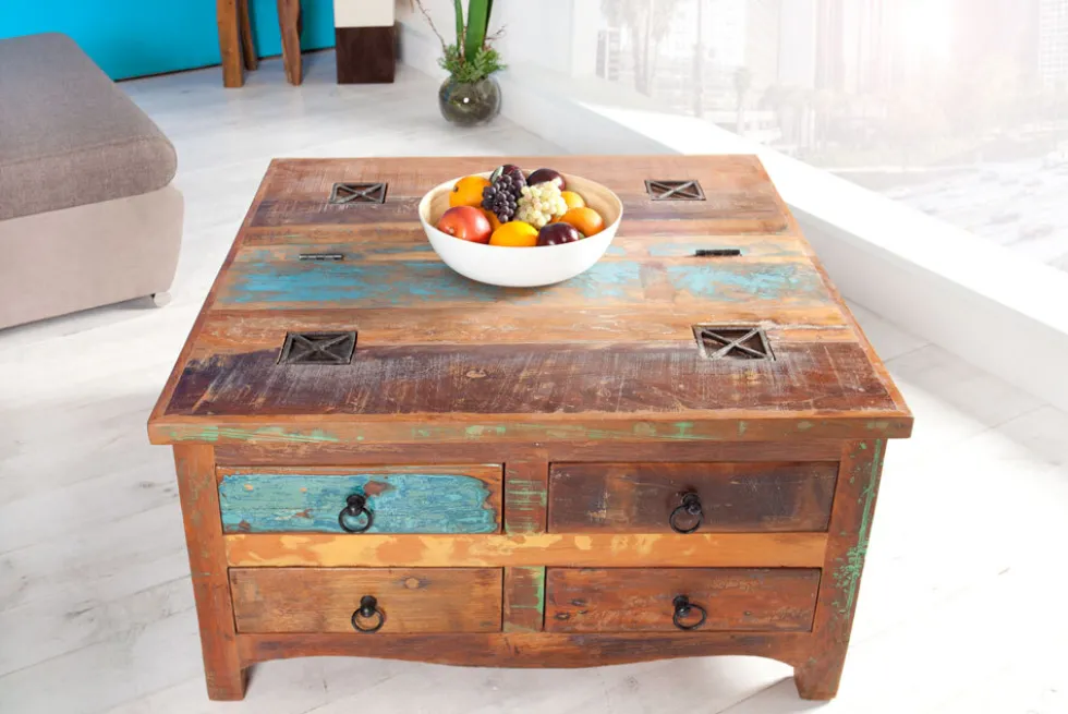 Massiver Couchtisch JAKARTA 70cm bunt Truhe aus recycelten Fischerbooten Holz mit Schubladen