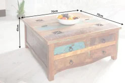 Massiver Couchtisch JAKARTA 70cm bunt Truhe aus recycelten Fischerbooten Holz mit Schubladen