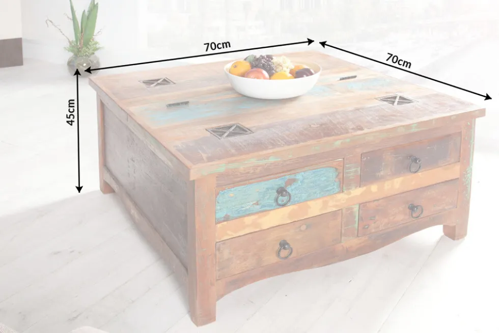 Massiver Couchtisch JAKARTA 70cm bunt Truhe aus recycelten Fischerbooten Holz mit Schubladen