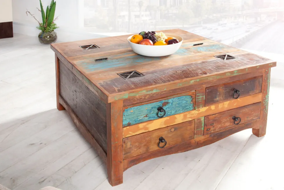 Massiver Couchtisch JAKARTA 70cm bunt Truhe aus recycelten Fischerbooten Holz mit Schubladen