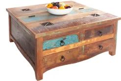Massiver Couchtisch JAKARTA 70cm bunt Truhe aus recycelten Fischerbooten Holz mit Schubladen