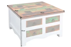 Massiver Couchtisch JAKARTA 70cm weiß bunt Holz Truhe aus recycelten Fischerbooten mit Schubladen