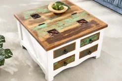 Massiver Couchtisch JAKARTA 70cm weiß bunt Holz Truhe aus recycelten Fischerbooten mit Schubladen