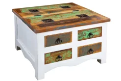 Massiver Couchtisch JAKARTA 70cm weiß bunt Holz Truhe aus recycelten Fischerbooten mit Schubladen