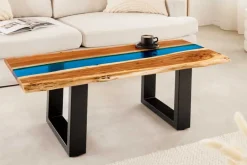 Massiver Couchtisch LIQUID 110cm braun Akazienholz Baumkante schwarz Eisen blau