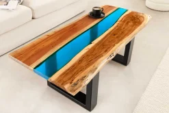 Massiver Couchtisch LIQUID 110cm braun Akazienholz Baumkante schwarz Eisen blau