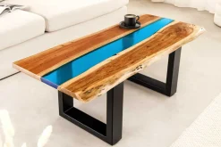 Massiver Couchtisch LIQUID 110cm braun Akazienholz Baumkante schwarz Eisen blau