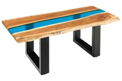 Massiver Couchtisch LIQUID 110cm braun Akazienholz Baumkante schwarz Eisen blau