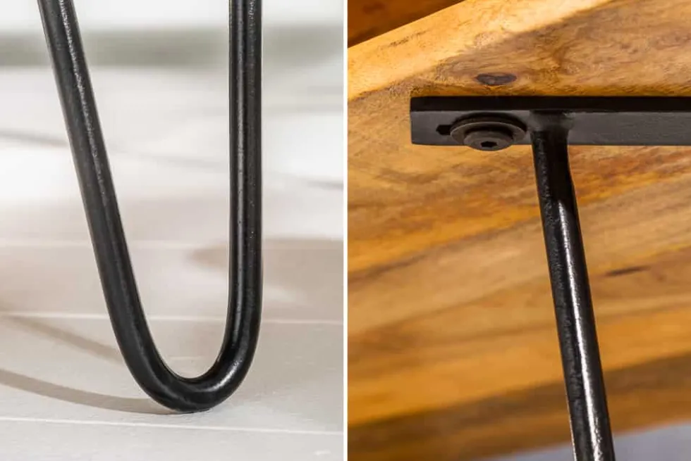 Massiver Couchtisch SCORPION 100cm natur Mangoholz Metall Hairpin Legs mit Ablage