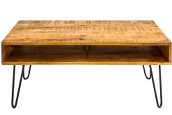 Massiver Couchtisch SCORPION 100cm natur Mangoholz Metall Hairpin Legs mit Ablage