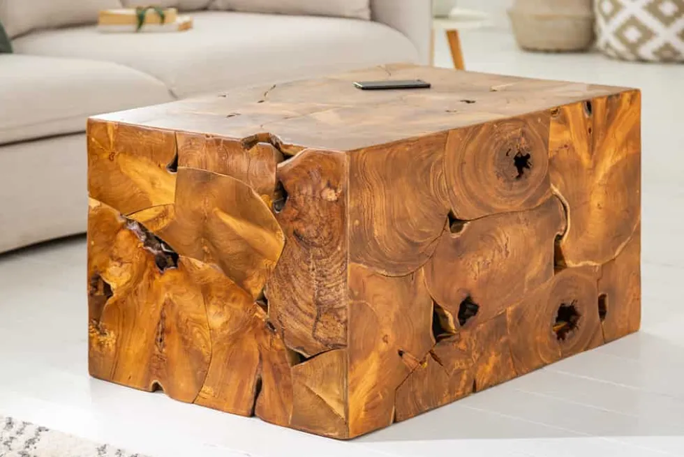 Massiver Couchtisch SQUARE 90cm Teakholz Würfel Handarbeit