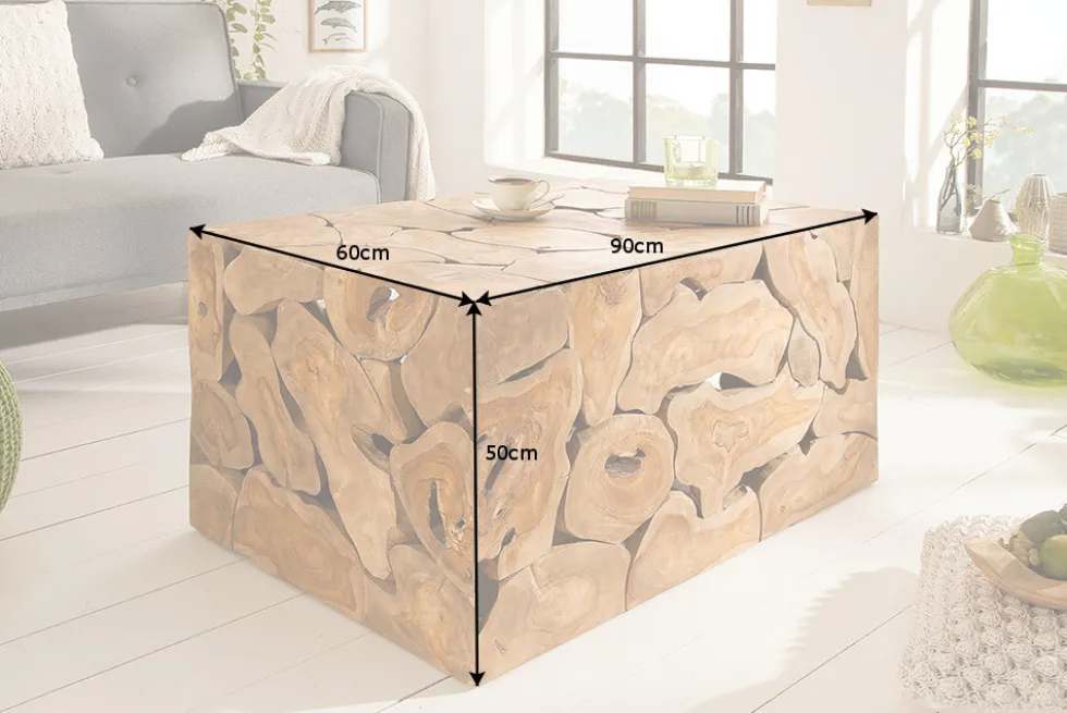 Massiver Couchtisch SQUARE 90cm Teakholz Würfel Handarbeit
