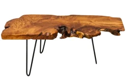 Massiver Couchtisch WILD 100cm Teak Massivholz Baumscheibe Hairpin Legs