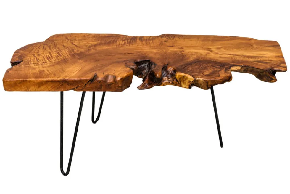 Massiver Couchtisch WILD 100cm Teak Massivholz Baumscheibe Hairpin Legs