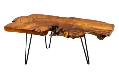 Massiver Couchtisch WILD 100cm Teak Massivholz Baumscheibe Hairpin Legs