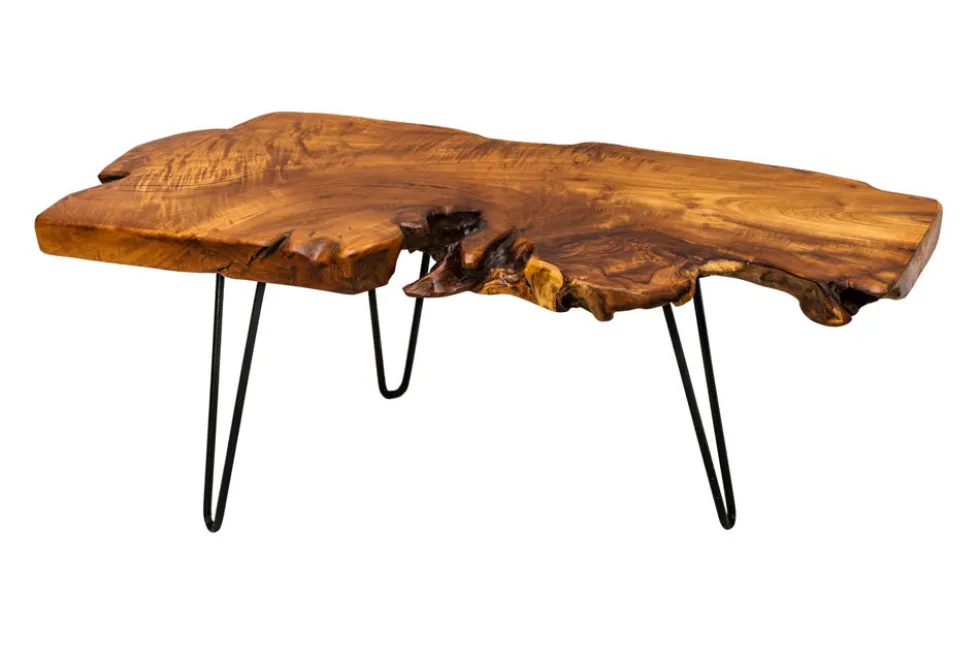Massiver Couchtisch WILD 100cm Teak Massivholz Baumscheibe Hairpin Legs