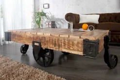 Massiver Design Couchtisch RAILWAY 110cm Mangoholz mit 4 Rädern