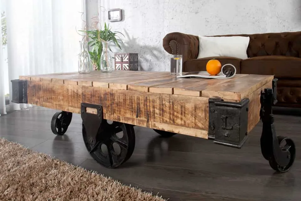 Massiver Design Couchtisch RAILWAY 110cm Mangoholz mit 4 Rädern