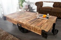 Massiver Design Couchtisch RAILWAY 110cm Mangoholz mit 4 Rädern