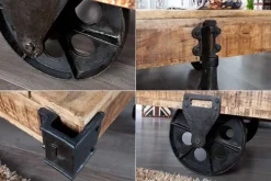 Massiver Design Couchtisch RAILWAY 110cm Mangoholz mit 4 Rädern