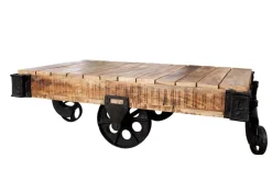 Massiver Design Couchtisch RAILWAY 110cm Mangoholz mit 4 Rädern
