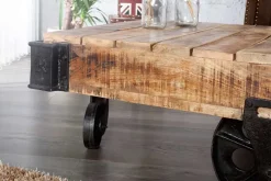 Massiver Design Couchtisch RAILWAY 110cm Mangoholz mit 4 Rädern
