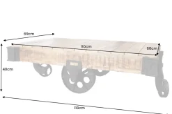Massiver Design Couchtisch RAILWAY 110cm Mangoholz mit 4 Rädern