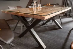 Massiver Esstisch BARRACUDA 180cm Teakholz inkl. Glasplatte mit X-Gestell