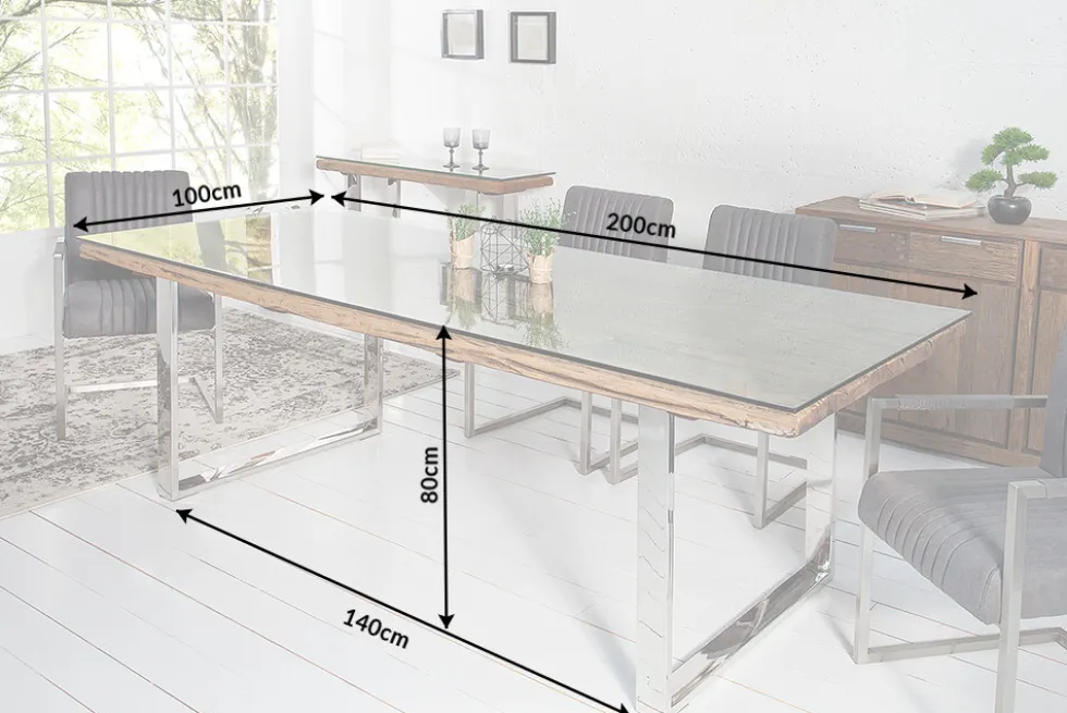 Massiver Esstisch BARRACUDA 200cm antik Teak Holz mit Stahl Kufenfüßen inkl. Glasplatte