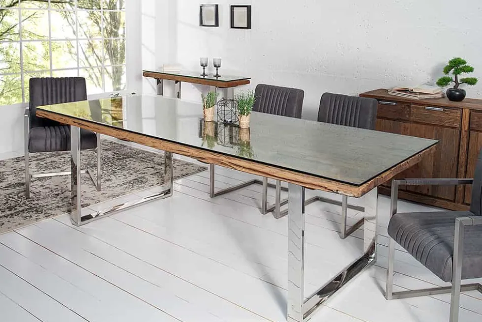 Massiver Esstisch BARRACUDA 200cm antik Teak Holz mit Stahl Kufenfüßen inkl. Glasplatte