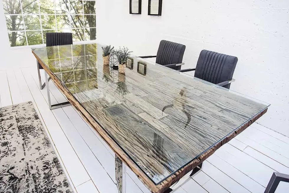 Massiver Esstisch BARRACUDA 200cm antik Teak Holz mit Stahl Kufenfüßen inkl. Glasplatte